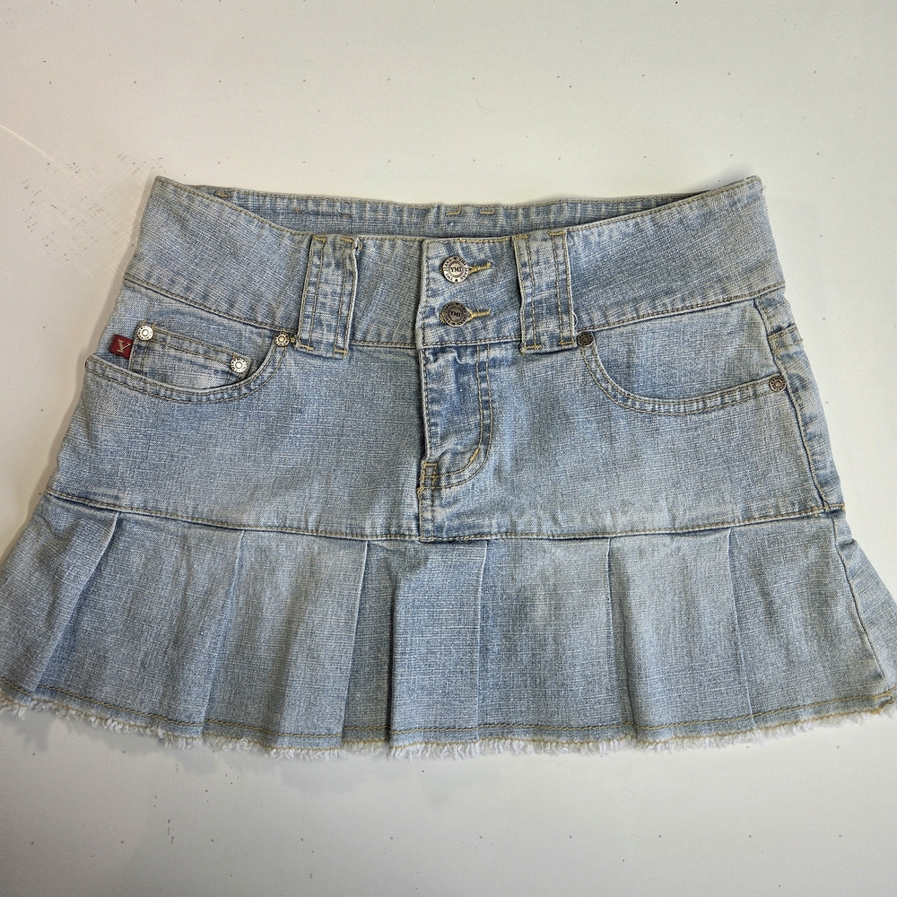 YMI Y2K Faded Light Blue Denim Pleated Mini Skirt Junior Size 3